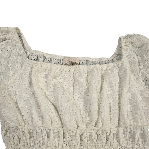 Belle Poque Blouse Top Womens Beige M Smocked Puff Sleeve Floral Stretch‎ Raglan - Picture 4 of 12